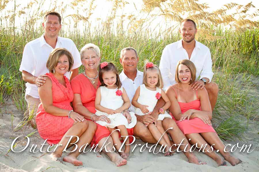 Family portrait that is well thought out with pastels, whites and beige.